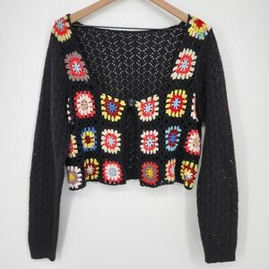 Black Crochet Granny Square Crochet Sweater Womens 3XL Festival Colorful Retro